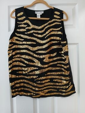 100% Silk Diane Gilman Black Silk Top with Gold Sequin Strands